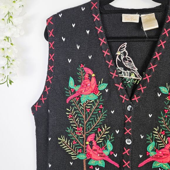 Vintage Bobbie Brooks Christmas Sweater Vest Embroidered Cardinals Large Holiday - Picture 4 of 11